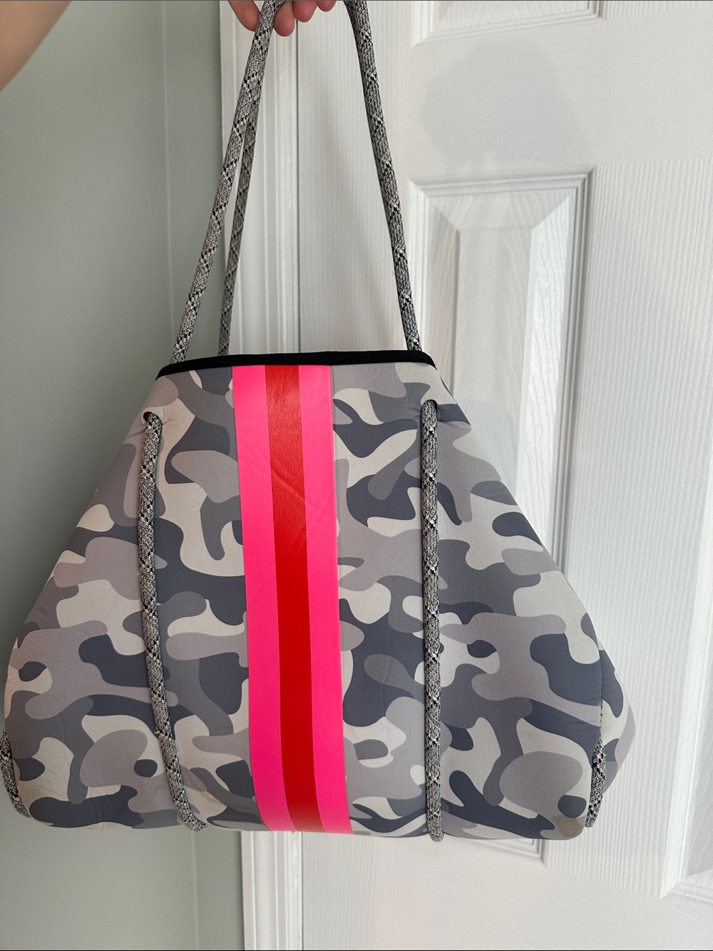 HAUTE SHORE Grey Camo Tote with Bright Pink and Hot Pink Stripes